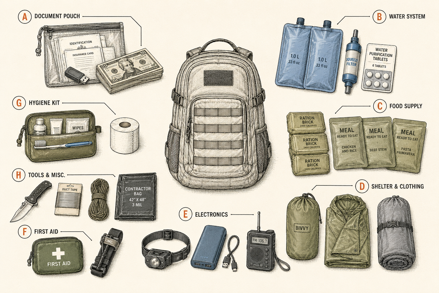 Complete 72-hour go-bag contents laid out in functional groups around a mid-size backpack