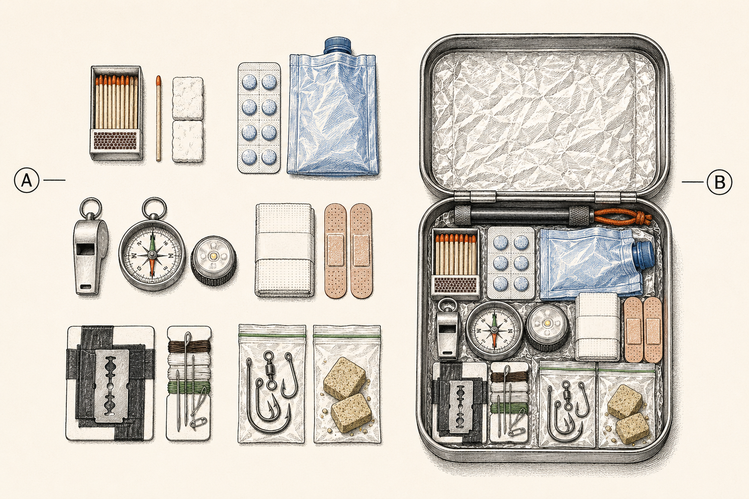 Tin survival kit build shown as contents laid out in functional groups beside the open tin packed in layers