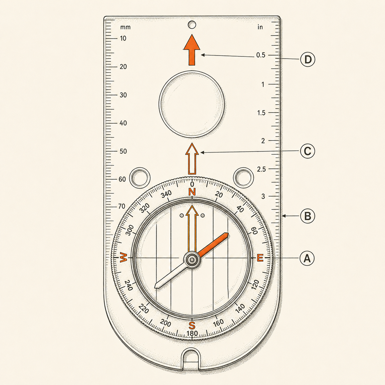 Baseplate compass anatomy with the needle boxed in the orienting arrow, showing the parts used to take and hold a bearing