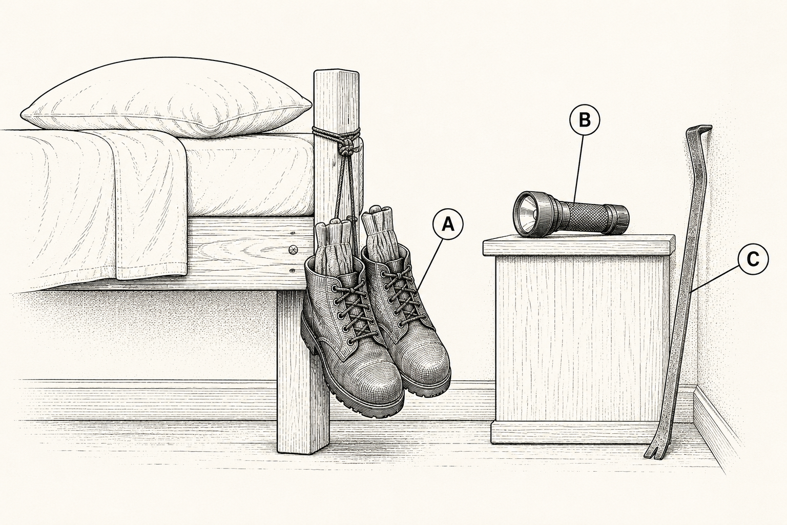The earthquake bedside module: sturdy shoes with work gloves stuffed inside tied to the bed frame, flashlight, and pry bar staged