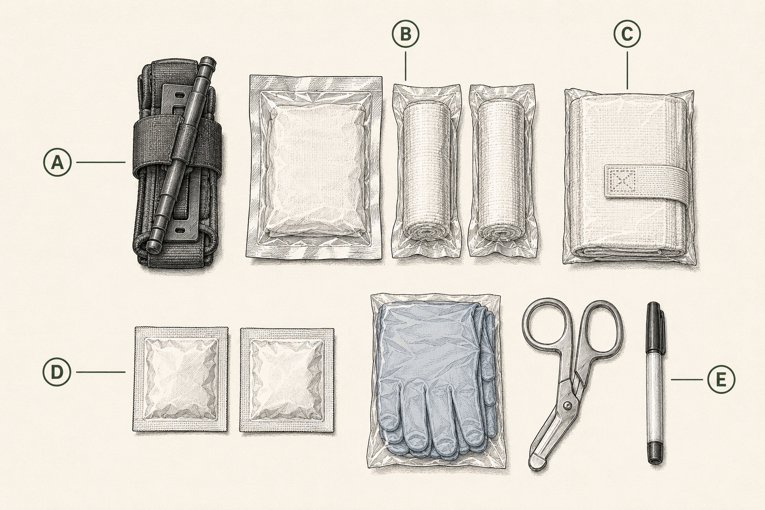The complete bleeding control module laid out: tourniquet, hemostatic and compressed gauze, pressure bandage, chest seals, gloves, shears, and marker