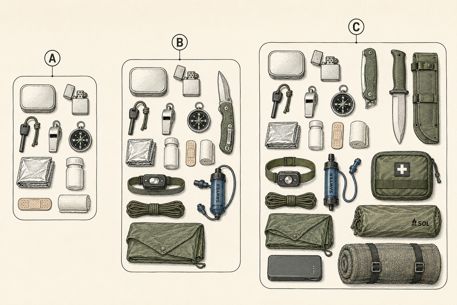 Three budget survival kit builds laid out side by side showing how contents grow from starter tin to layered system