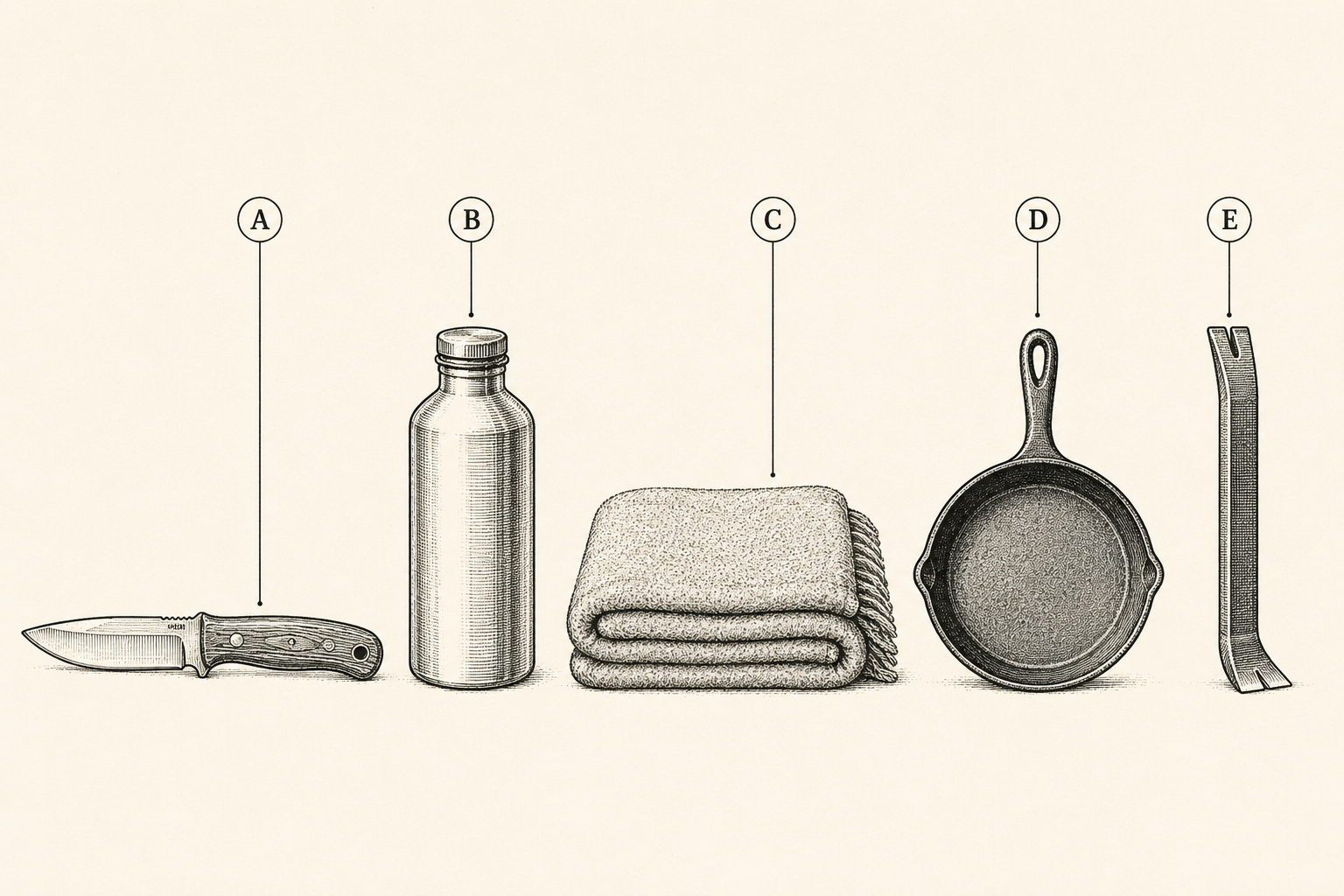 The buy-once anchors on one baseline: quality fixed blade, single-wall steel bottle, wool blanket, cast iron pan, and pry bar