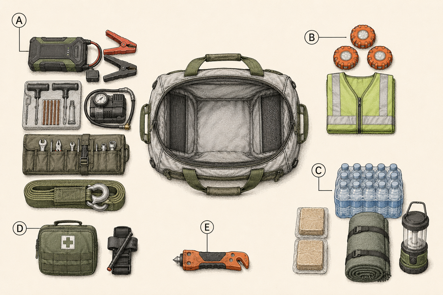 Car emergency kit organized as one grab duffel and staged items: breakdown tools, visibility gear, water and blanket, first aid, and the mounted rescue tool