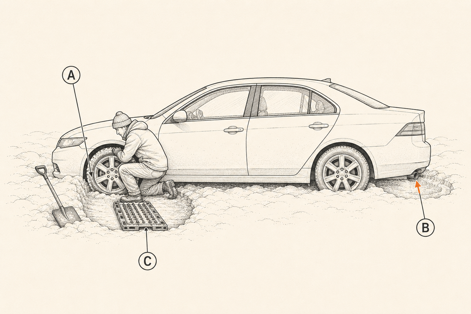 Winter self-rescue around a stuck car: digging the drive wheel, clearing the exhaust pipe, and laying traction material in the travel path