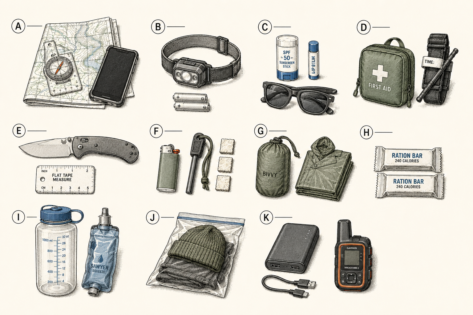 The Ten Essentials plus communication laid out as a complete day-hike kit in labeled functional groups