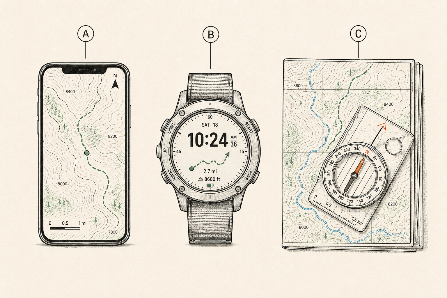 Digital navigation layers side by side: phone showing downloaded offline topo map, GPS watch with breadcrumb track, and paper map with compass as the backstop