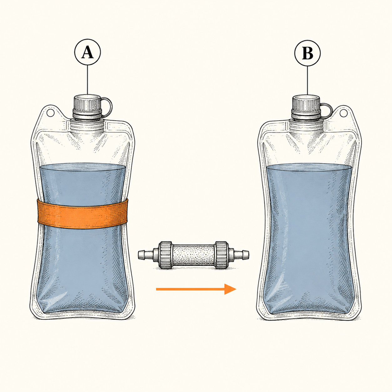 Two water pouches marked for the dirty-clean discipline, the collection pouch banded with orange tape and the treated pouch left plain