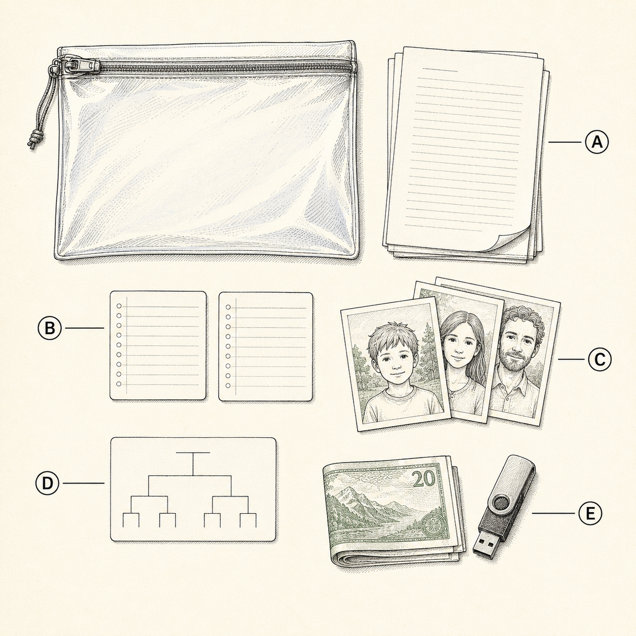 The go-bag document pouch fanned open: ID copies, insurance pages, medication lists, family photos, contact card, cash, and USB drive