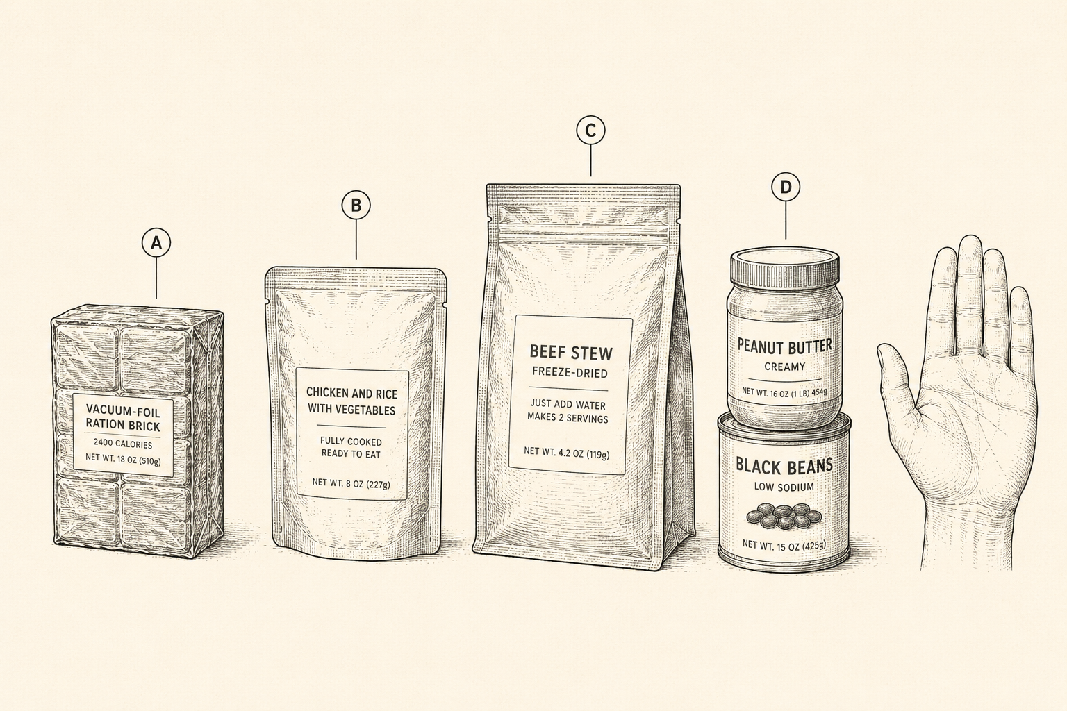 Emergency food categories compared side by side: ration bar brick, retort pouch meal, freeze-dried pouch, and pantry staples
