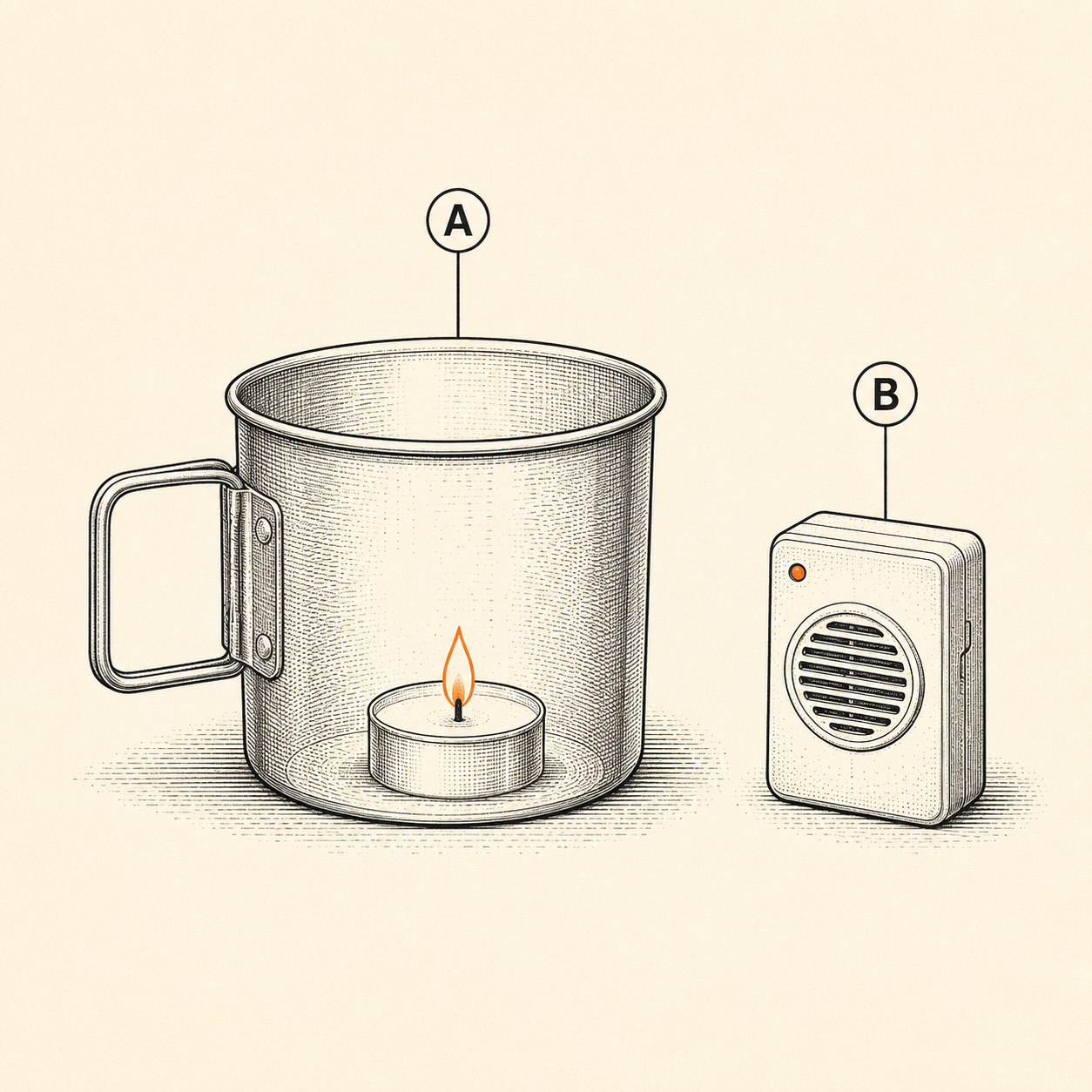 The stranded-car candle heater: a tea light burning inside a single-wall metal cup on a stable surface with a carbon monoxide alarm beside it