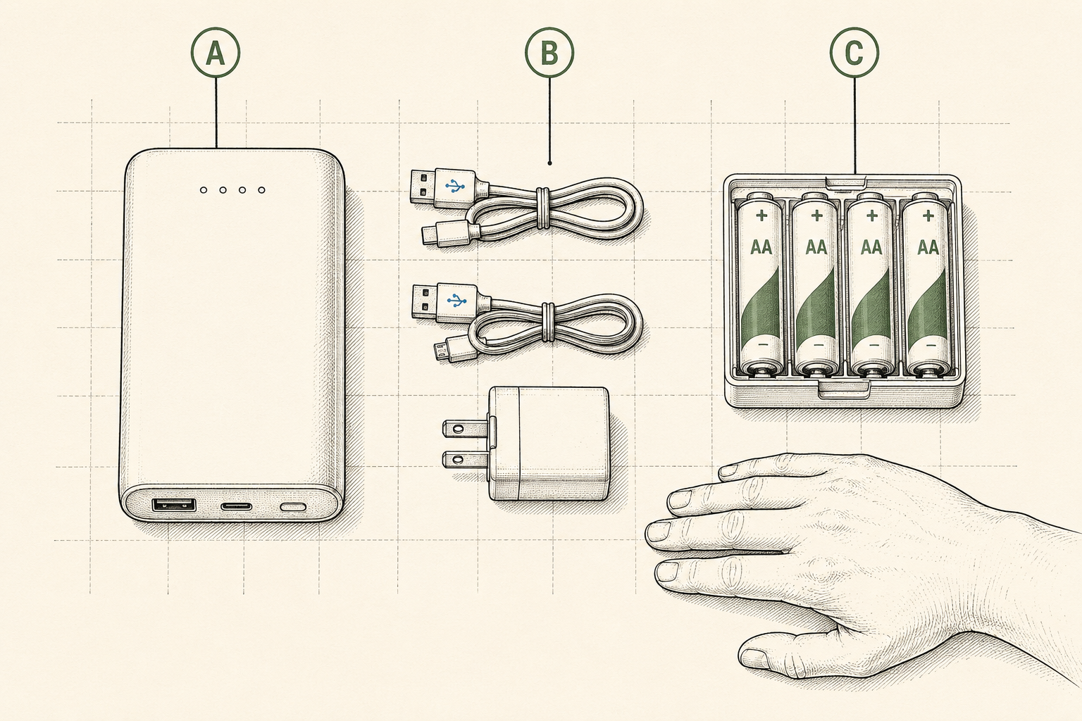 The power module of an emergency kit laid out: power bank, short cables, wall plug, and lithium spare batteries in a caddy
