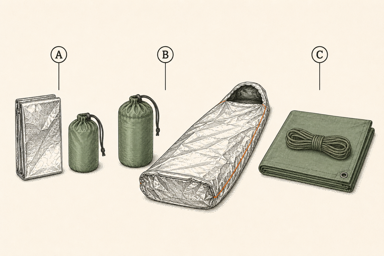 Carried shelter options compared: folded mylar blanket, emergency bivvy in stuff sack and deployed, and folded tarp with cordage
