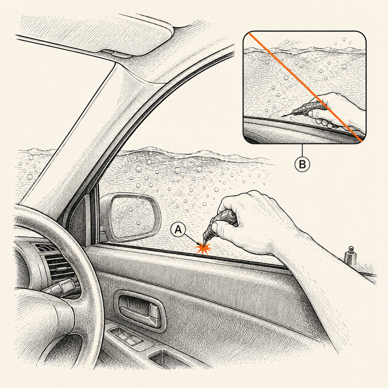 Where to strike a car side window with a rescue tool: the corner of the tempered glass, not the center, with the laminated windshield marked as the wrong target