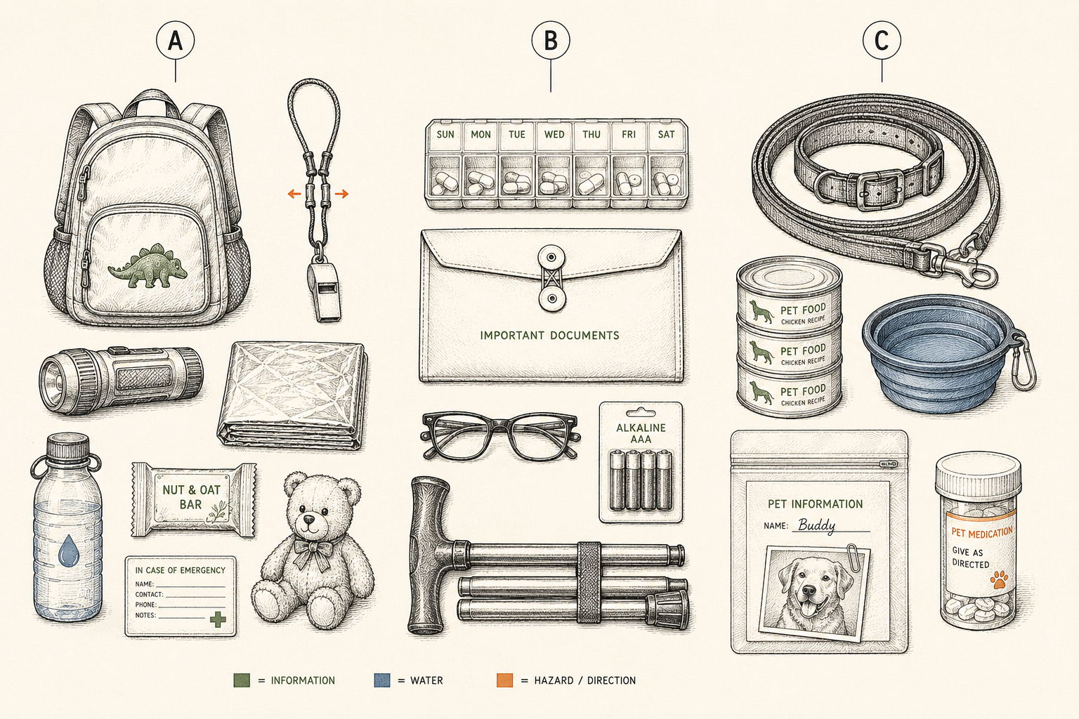 Household kit variants side by side: a child's small pack contents, a senior's medication and documentation module, and a pet's go-kit