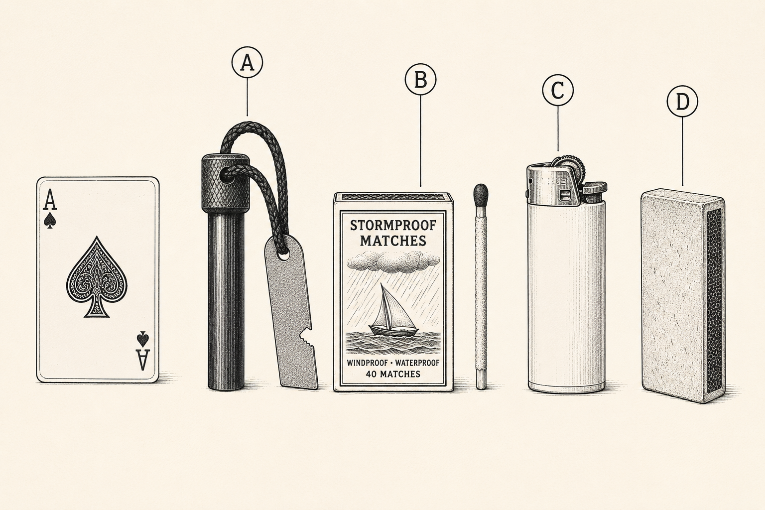 Four fire starter types compared side by side: ferro rod, stormproof matches, butane lighter, and magnesium block