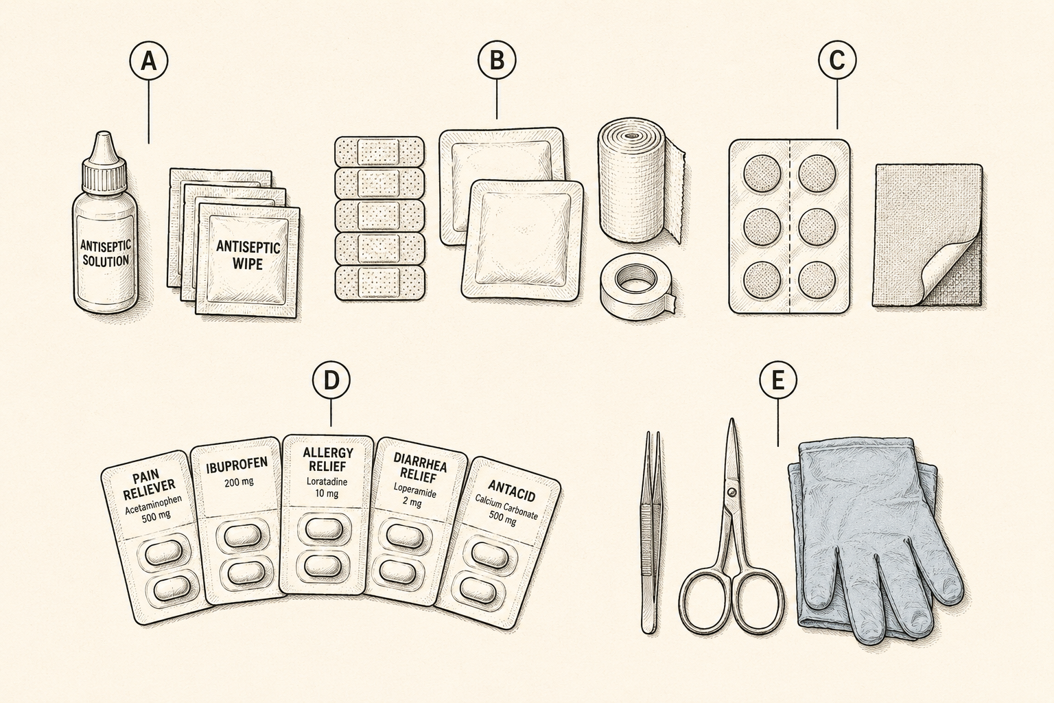Mini first aid kit contents laid out in functional groups: wound cleaning, closing, covering, blister care, medications, and tools