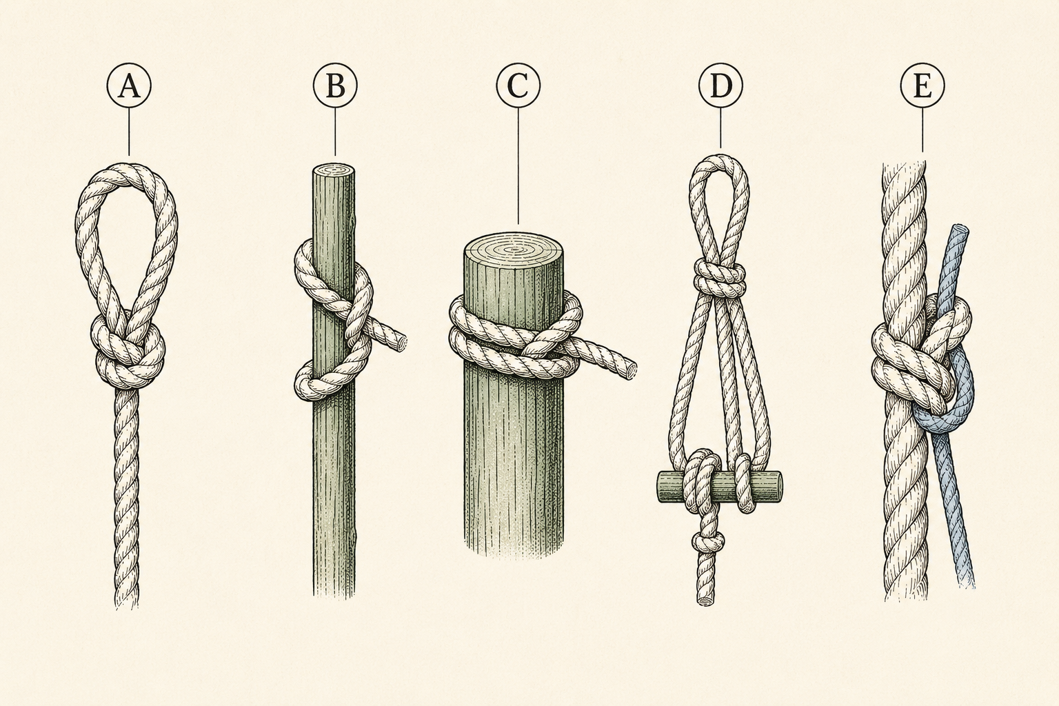 The five essential knots shown tied in short lengths of cord: bowline, taut-line hitch, two half hitches, trucker's hitch, and sheet bend