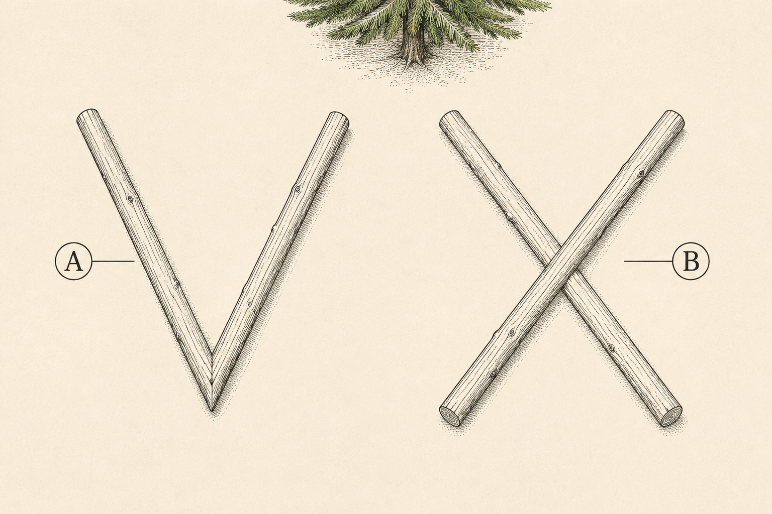 The two ground-to-air distress symbols built from logs on open ground: a large V for assistance and an X for medical assistance