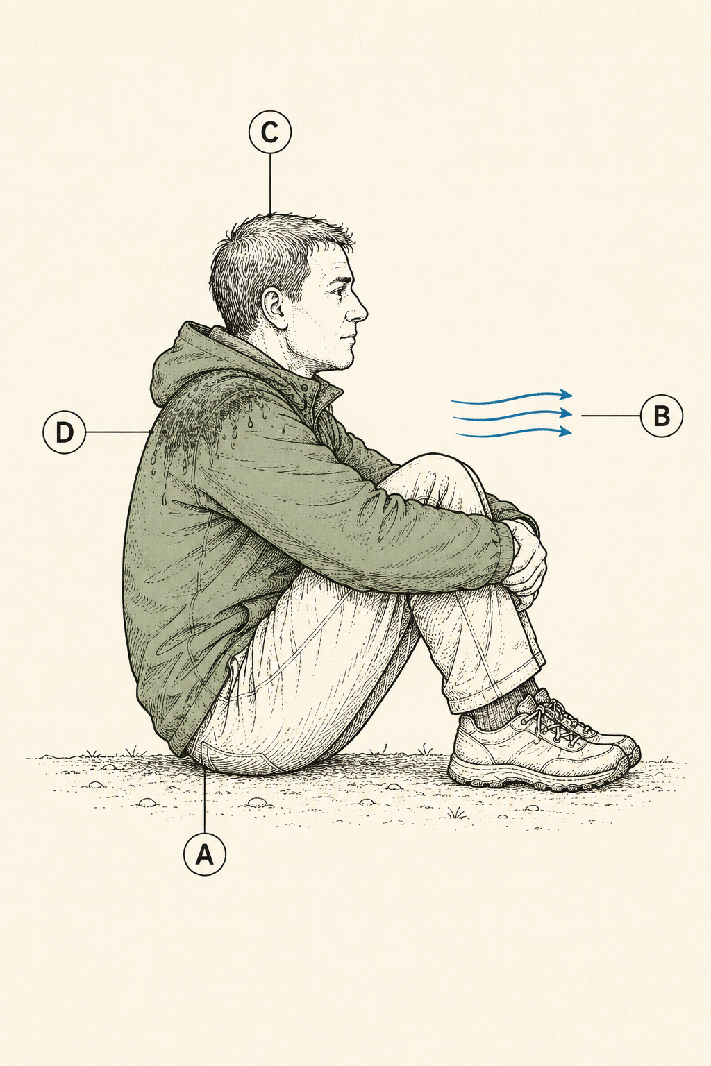 Diagram of a seated figure showing the four main paths of body heat loss with letter markers