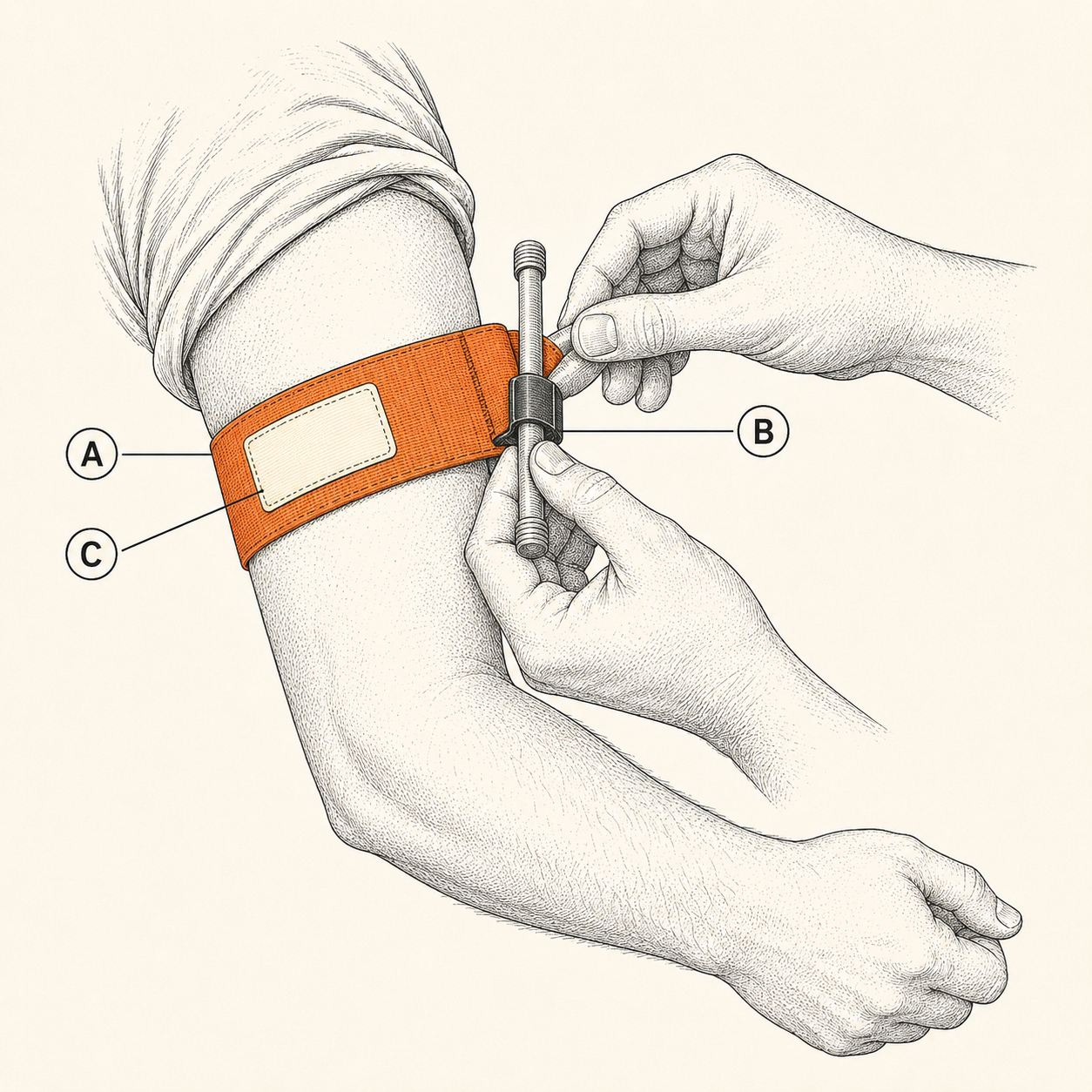 Correct tourniquet placement demonstrated on an intact arm: strap high on the upper arm, windlass rod twisted and secured, time written on the tab