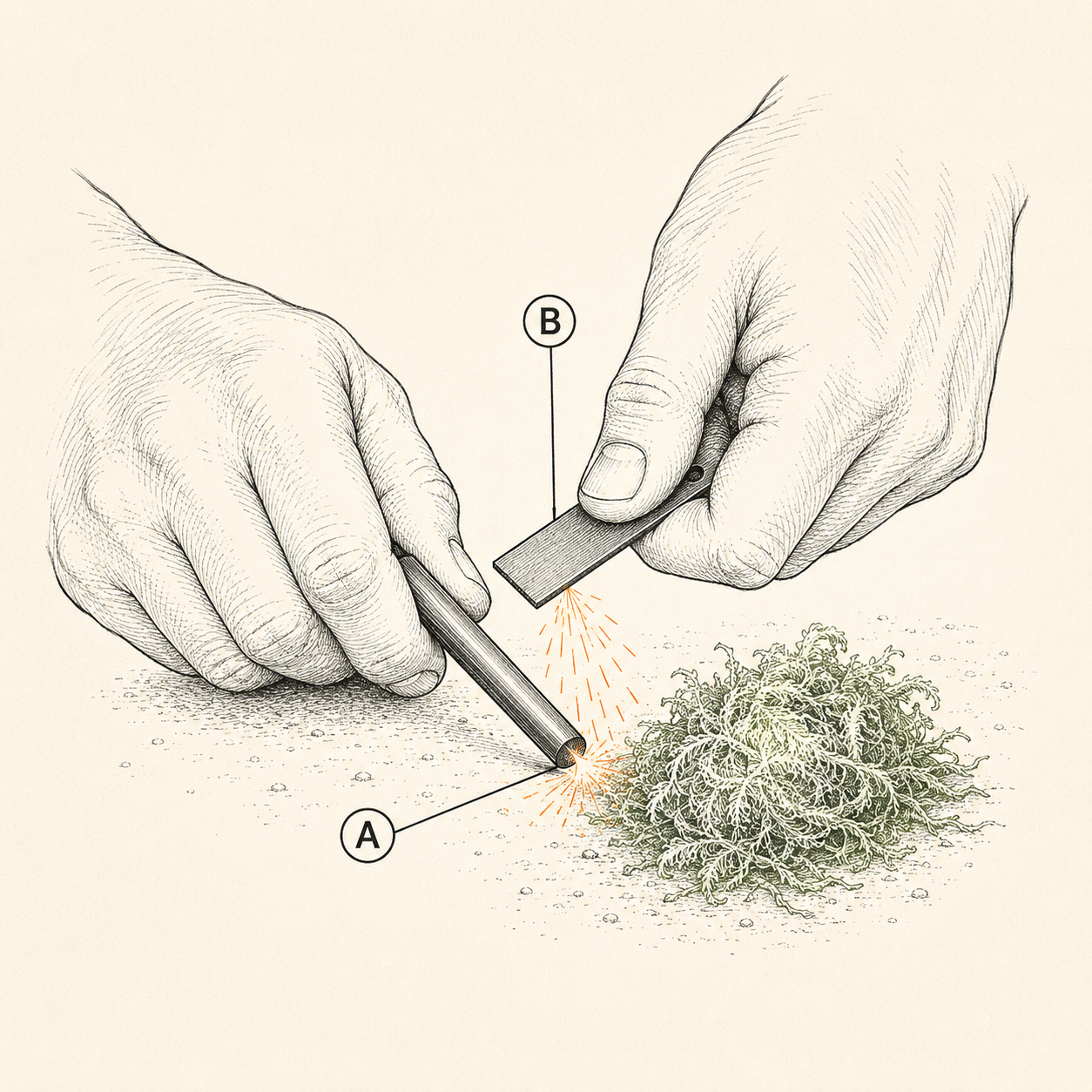 Close view of two hands using a ferro rod correctly, rod tip anchored to the ground while the rod hand pulls back against a fixed striker over a tinder bundle