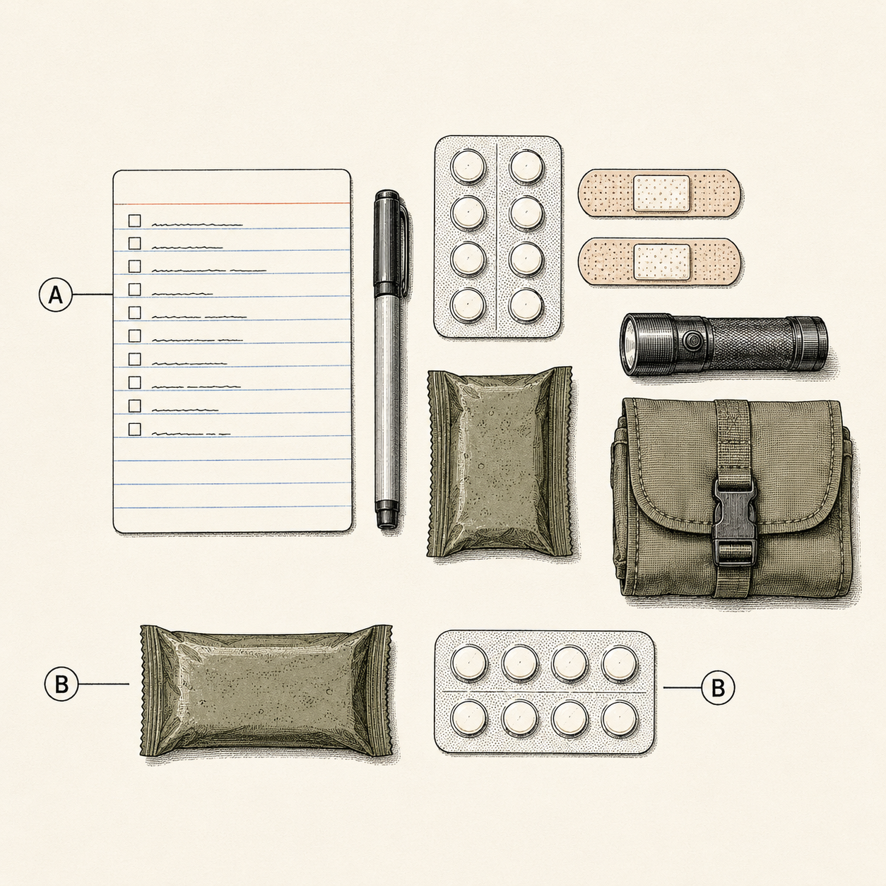 The kit audit in progress: contents laid out on the manifest card grid with dated tags, marker, and replacement items staged
