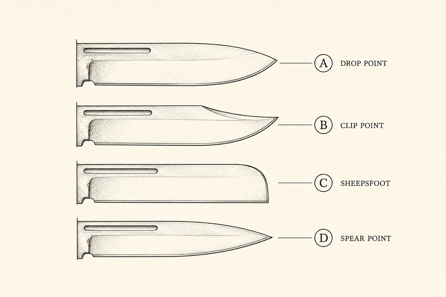 Four knife blade shapes compared in profile: drop point, clip point, sheepsfoot, and spear point