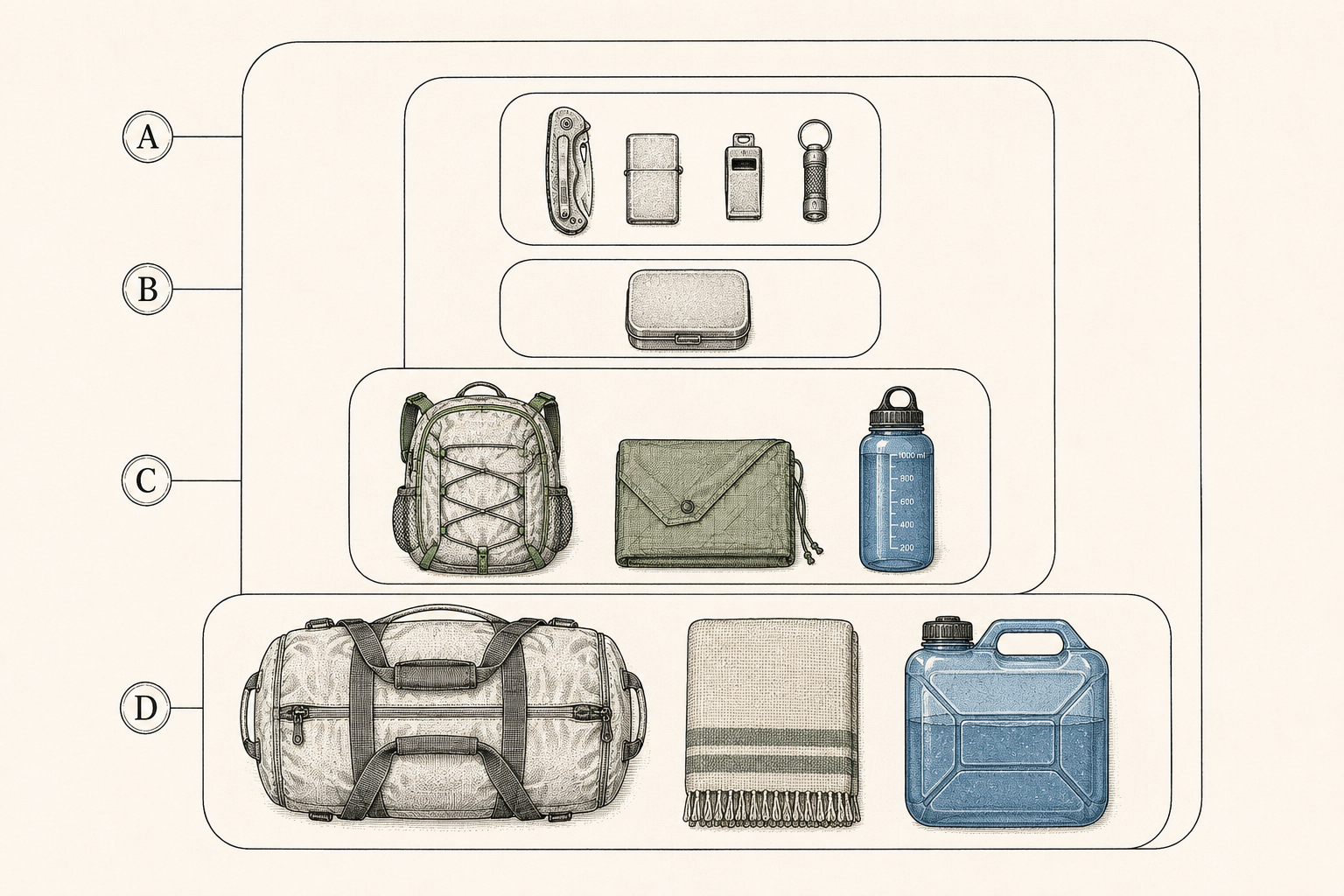 The layered carry system shown as four concentric zones of gear from pocket items to vehicle kit