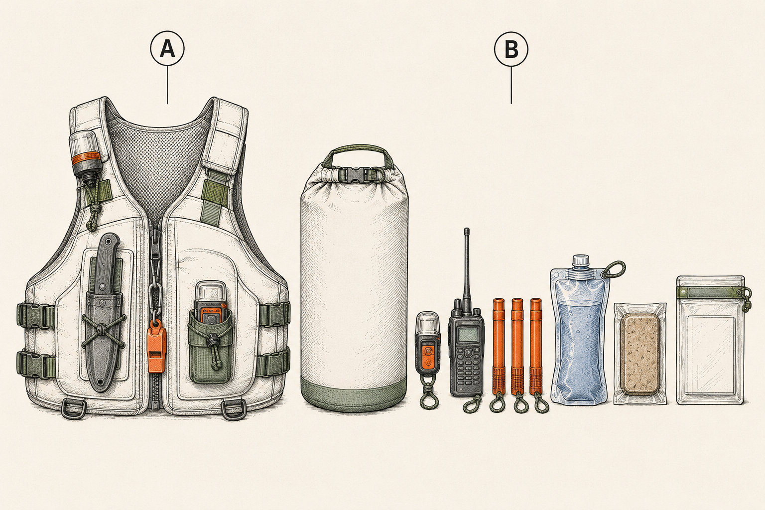 The water kit's two core builds: a PFD rigged with whistle, light, knife, mirror and PLB, beside a floating ditch bag with its contents