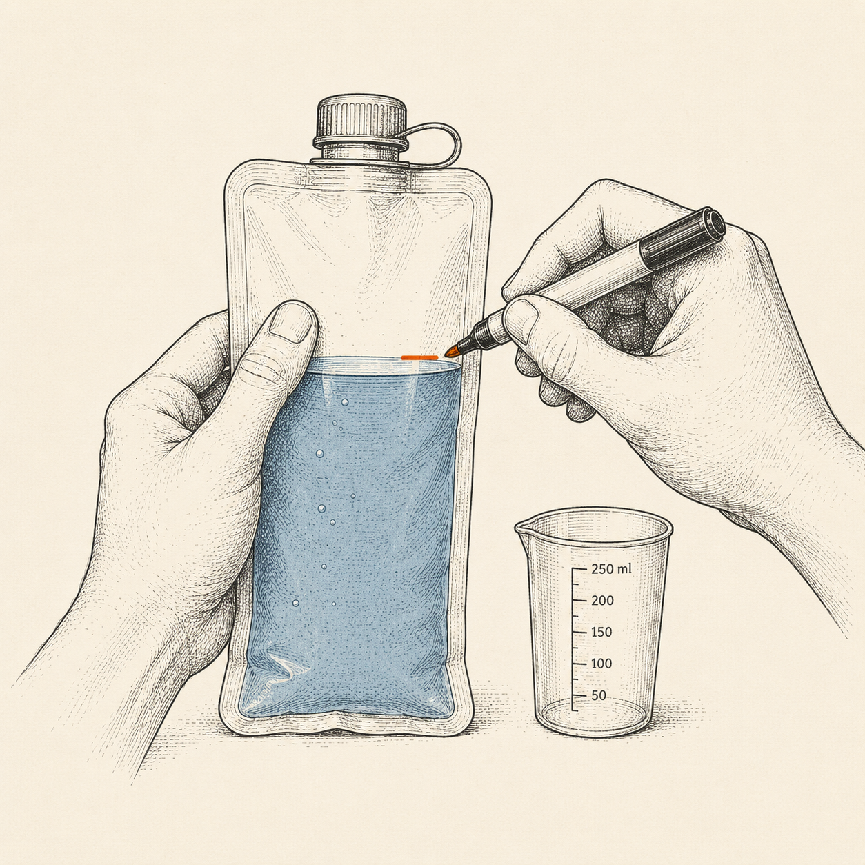 Close view of hands marking a one-liter fill line on a soft water pouch with a permanent marker