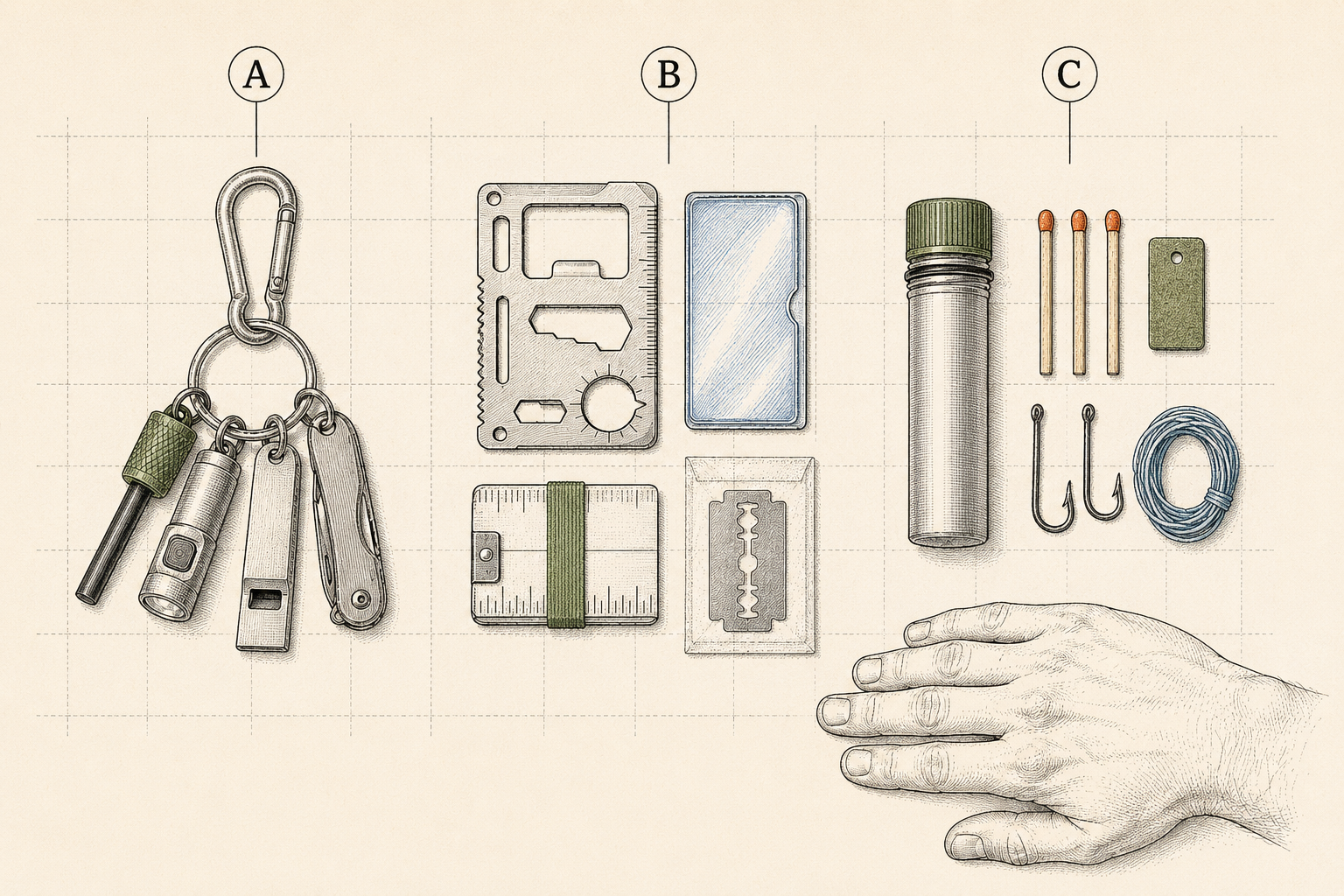 Three micro survival kit builds laid out side by side: loaded keychain, wallet card kit contents, and pocket tube kit with contents fanned out