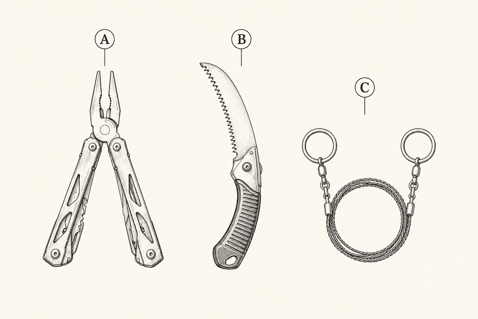 The kit tool trio compared on one baseline: plier-based multitool open, folding saw, and coiled wire saw with rings