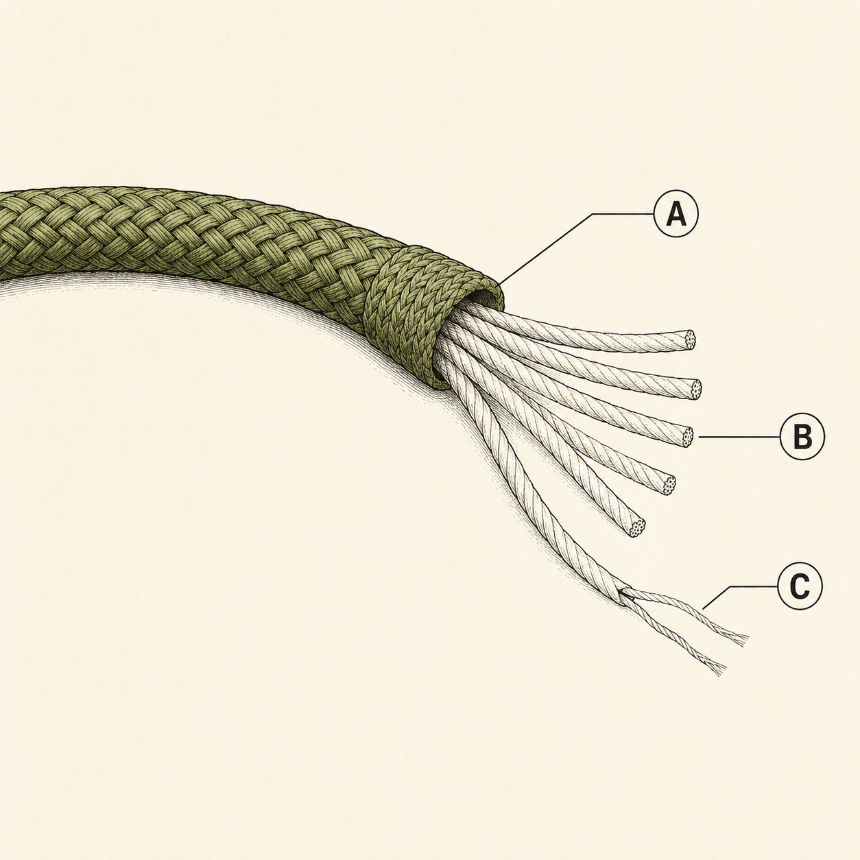 Cutaway anatomy of 550 paracord showing the braided sheath pulled back to reveal seven two-ply inner strands fanned out