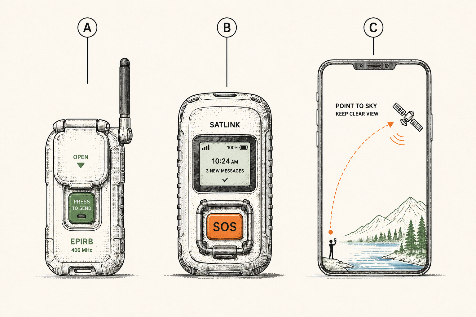 The three satellite rescue options compared side by side: personal locator beacon, satellite messenger, and smartphone showing satellite SOS