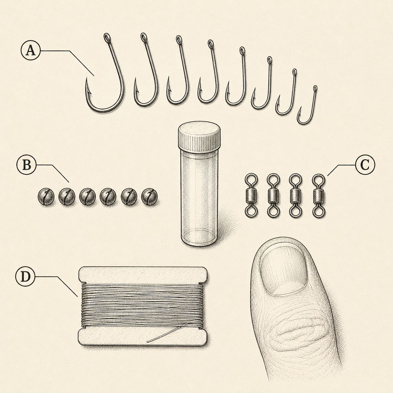 Contents of a pocket survival fishing kit laid out around a small tube: assorted hooks, split shot, swivels, and line wound on a flat card