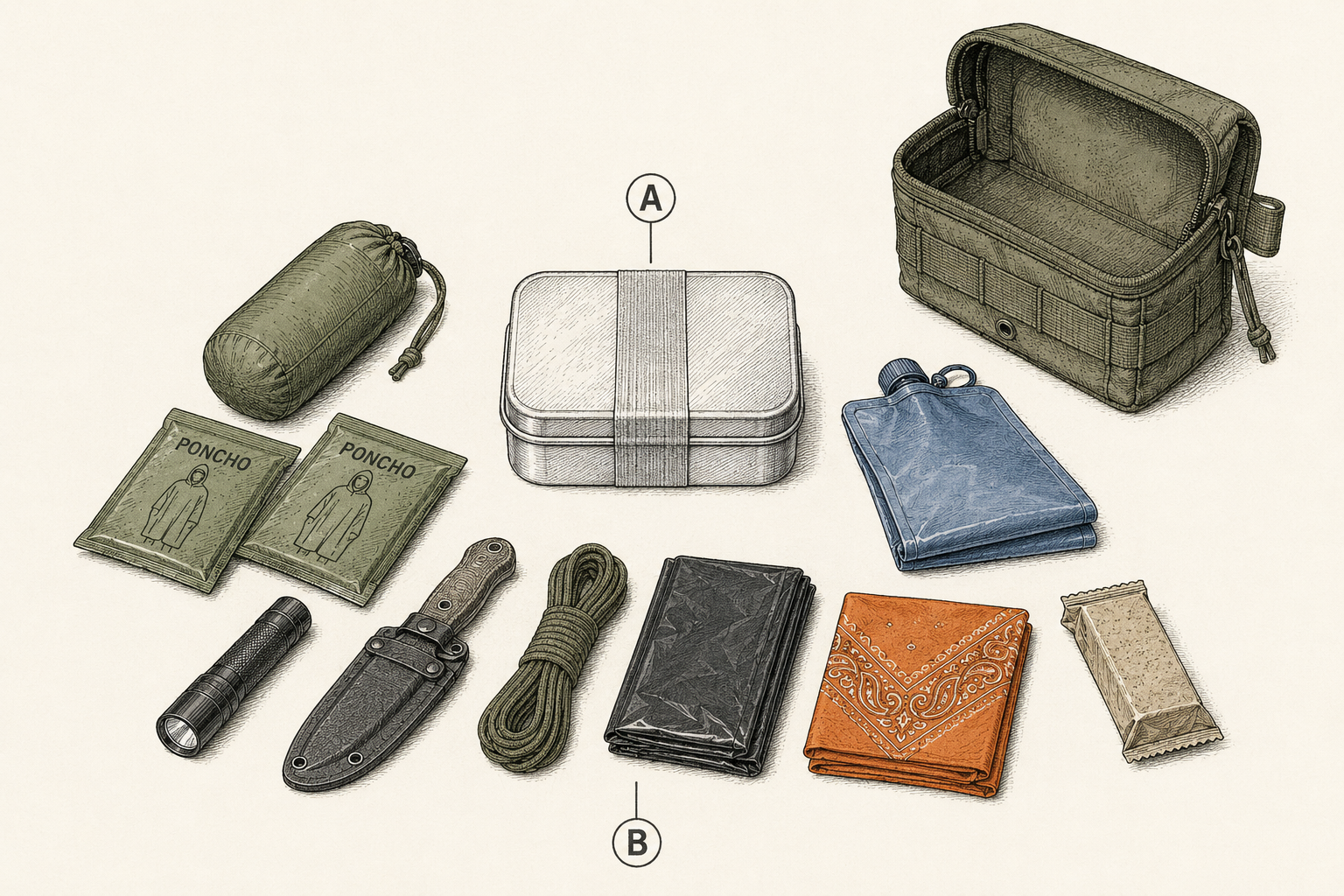 Belt pouch survival kit build: pouch shown with sealed tin core beside the bulk items arranged around it