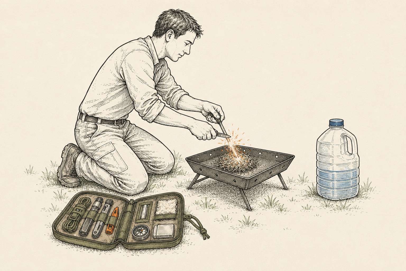 Backyard practice session: an adult kneeling at a small fire pan striking a ferro rod into a tinder bundle while the open kit and a water jug stand by