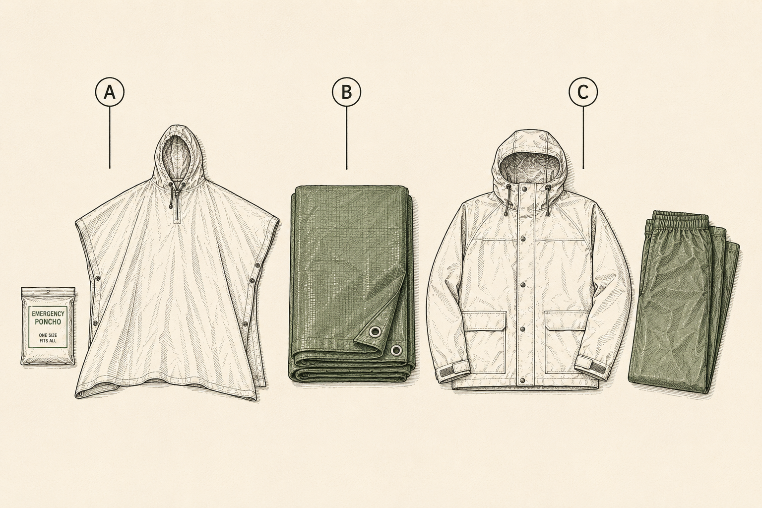 Rain protection tiers compared: disposable emergency poncho packet, quality poncho with grommets, and rain jacket with pants