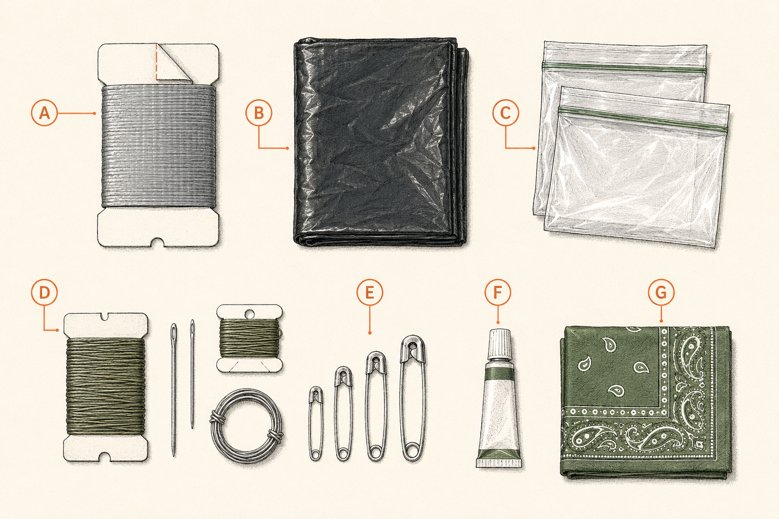 The repair and multi-use shelf laid out: re-rolled duct tape, folded contractor bag, zip bags, sewing card with floss and wire, safety pins, glue, and bandana