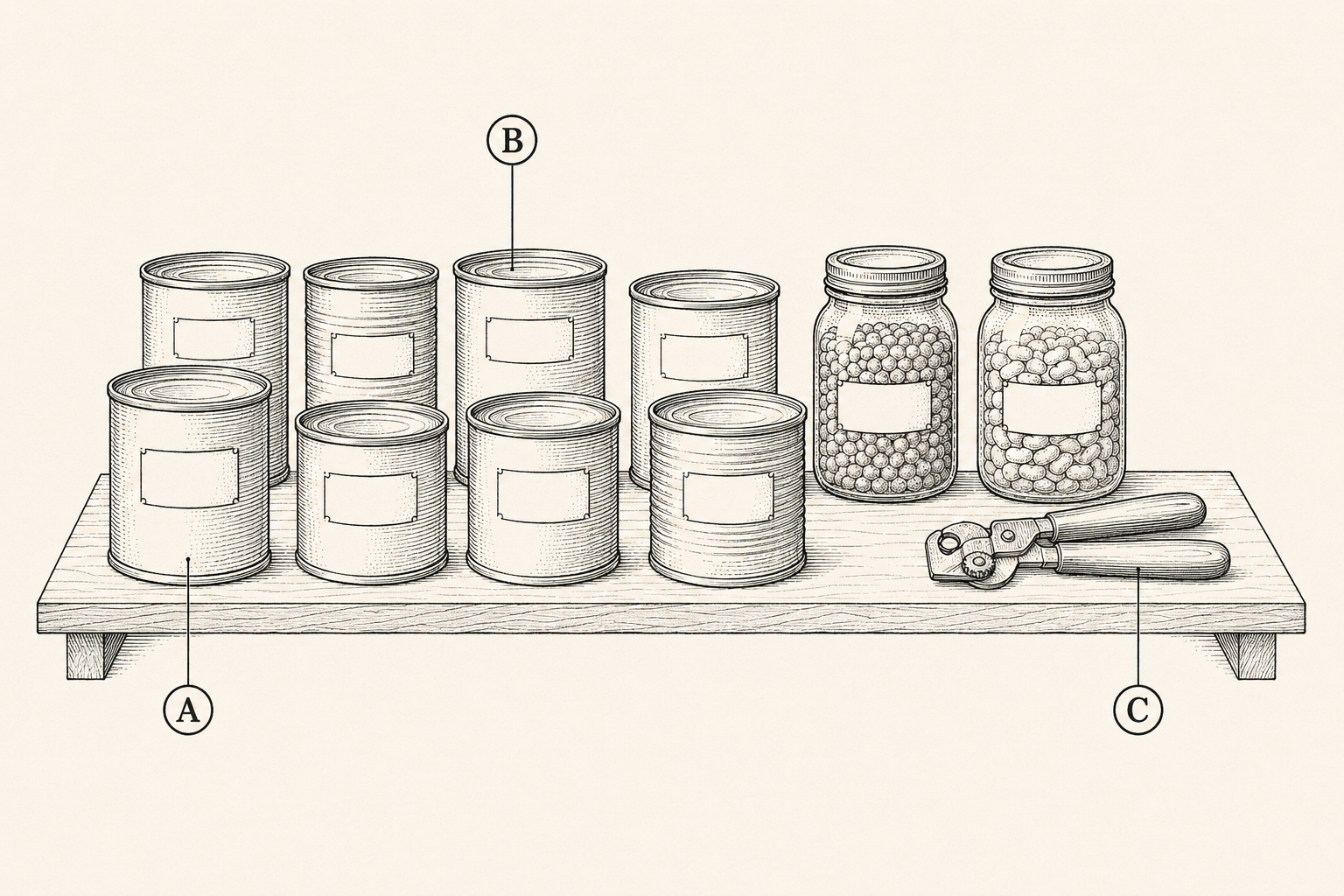 A pantry shelf organized for rotation: dated goods arranged oldest in front, newest behind, with a manual can opener staged beside them
