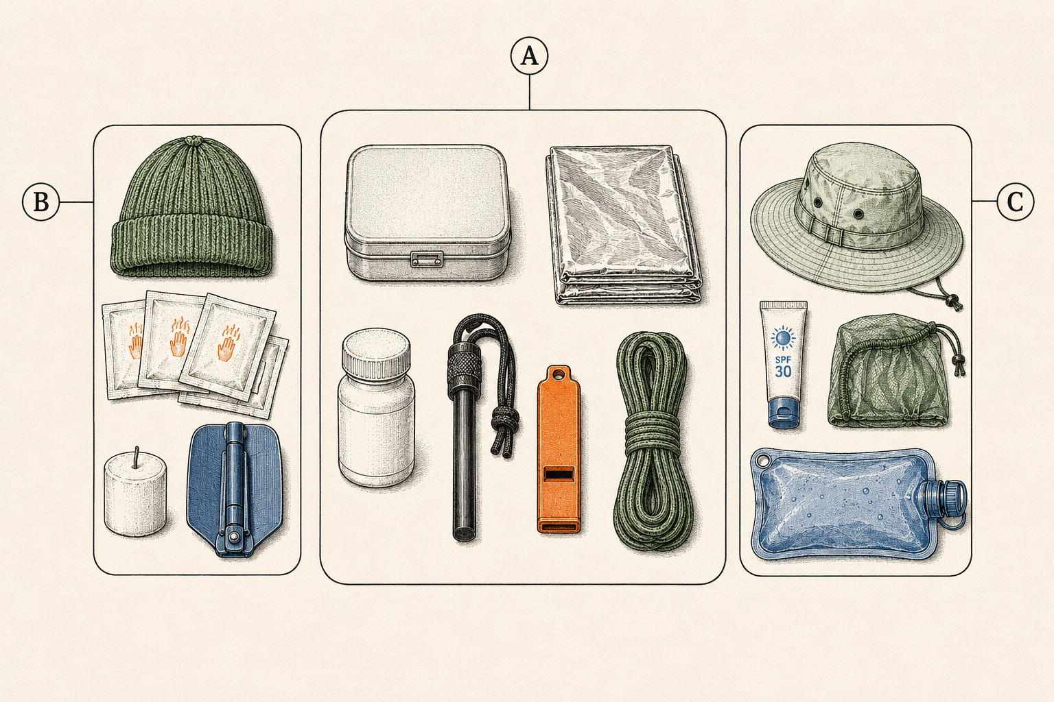 A core survival kit shown beside separate winter and summer swap modules in an overhead layout