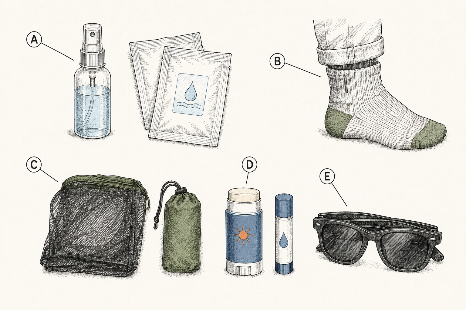 The exposure-control module laid out: picaridin repellent, repellent wipes, permethrin-treated clothing indication, head net, sunscreen, lip balm, and sunglasses