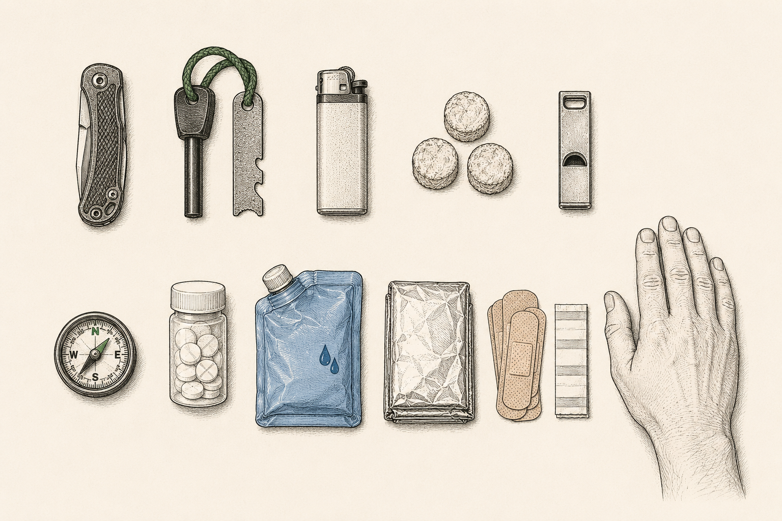 The ten baseline survival kit items laid out in two rows in an overhead flat lay
