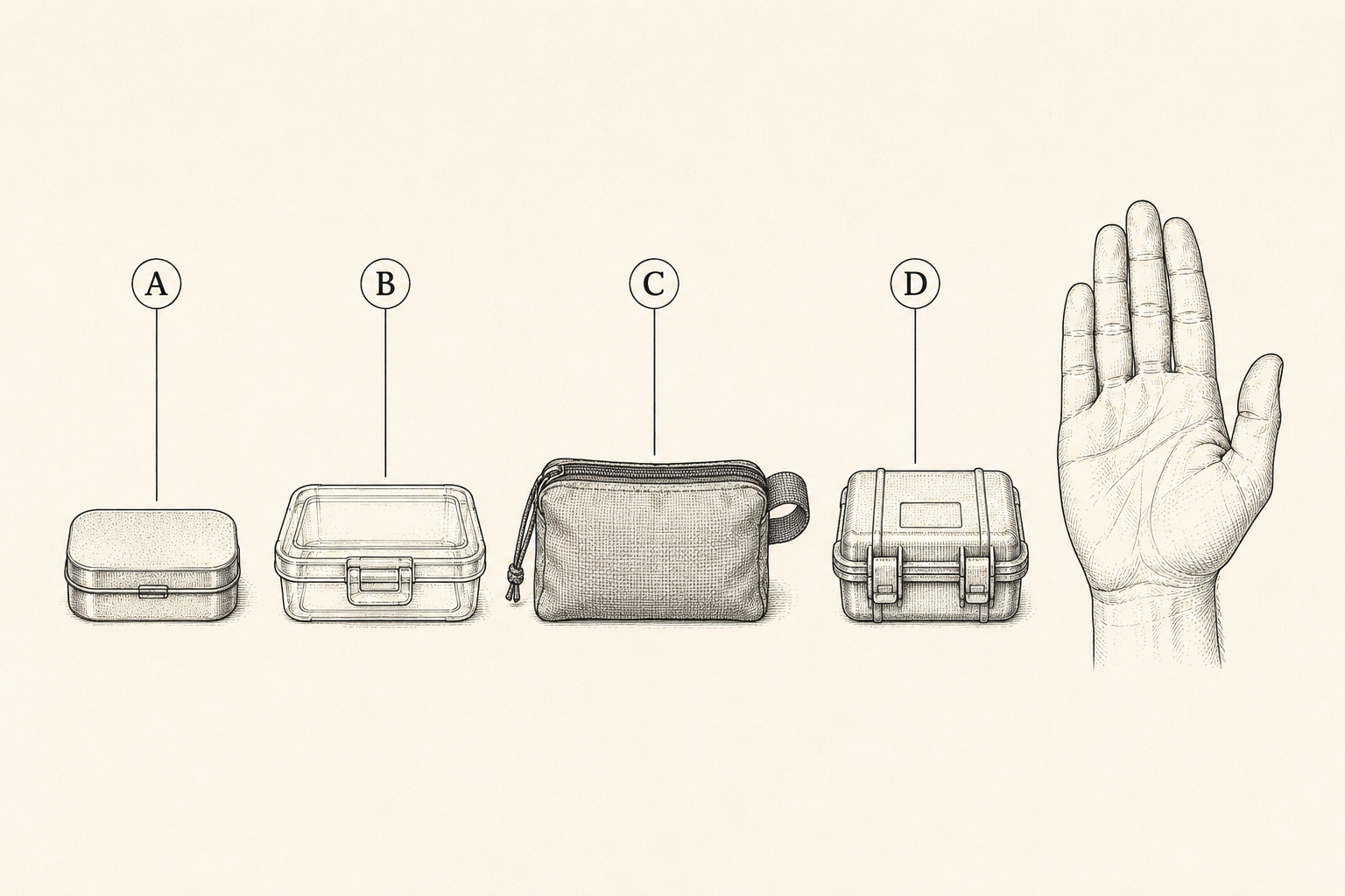 Four survival kit container types compared side by side: metal tin, plastic box, soft zip pouch, and hard waterproof case