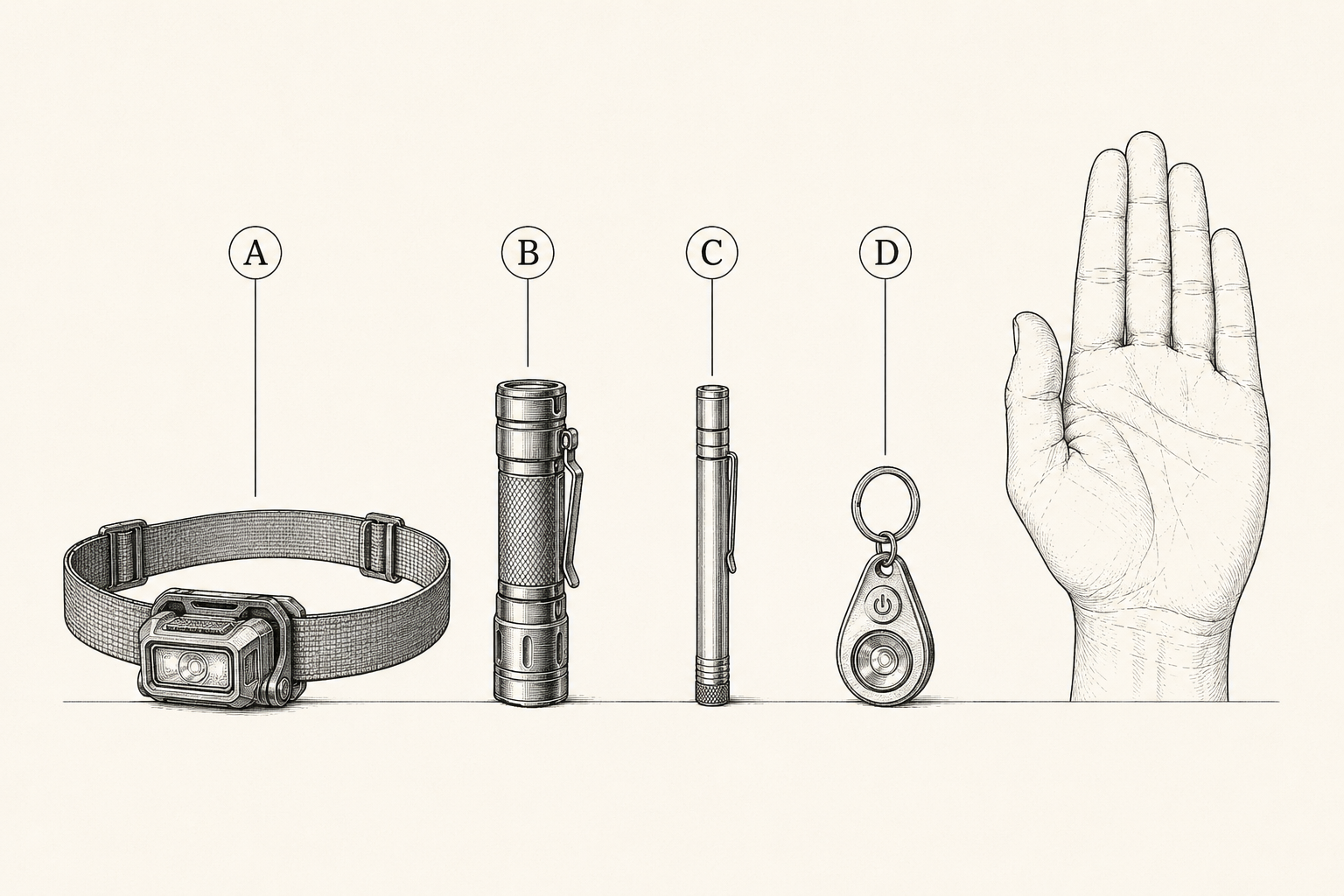 The light family for a layered kit compared on one baseline: headlamp, compact handheld flashlight, single-cell backup light, and coin-cell keychain light
