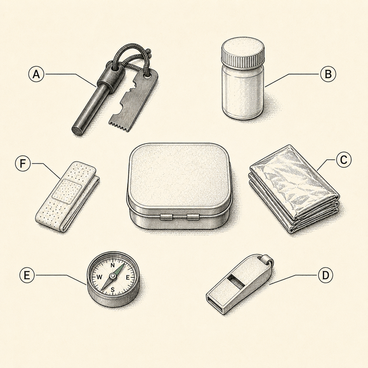 Diagram of the six survival kit functions shown as six representative objects arranged in a ring around a pocket survival tin