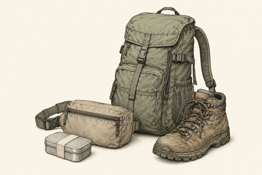 Three survival kits at rest: a sealed pocket tin, a belt pouch, and a packed go-bag beside a pair of worn boots