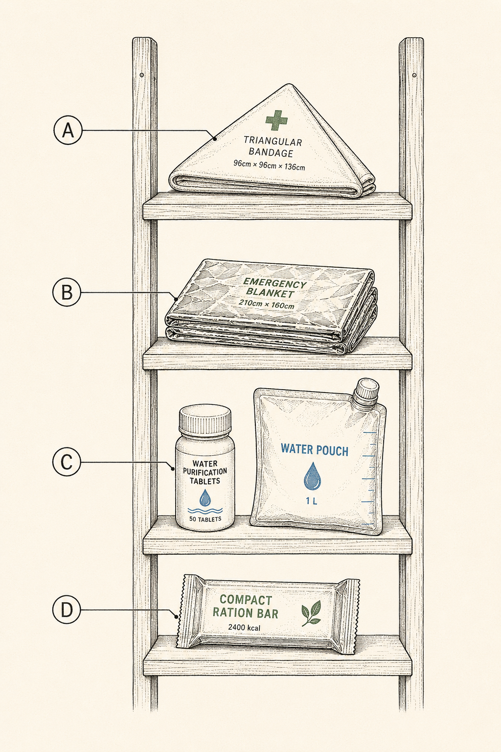 The survival rule of threes drawn as a vertical priority ladder with a representative object for each timeline