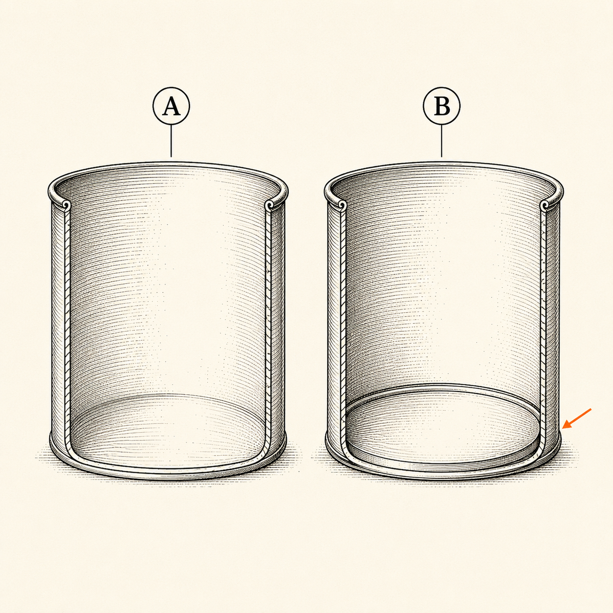 Cutaway comparison of a one-piece survival tin body versus a tin with a leak-prone pressed-in false bottom